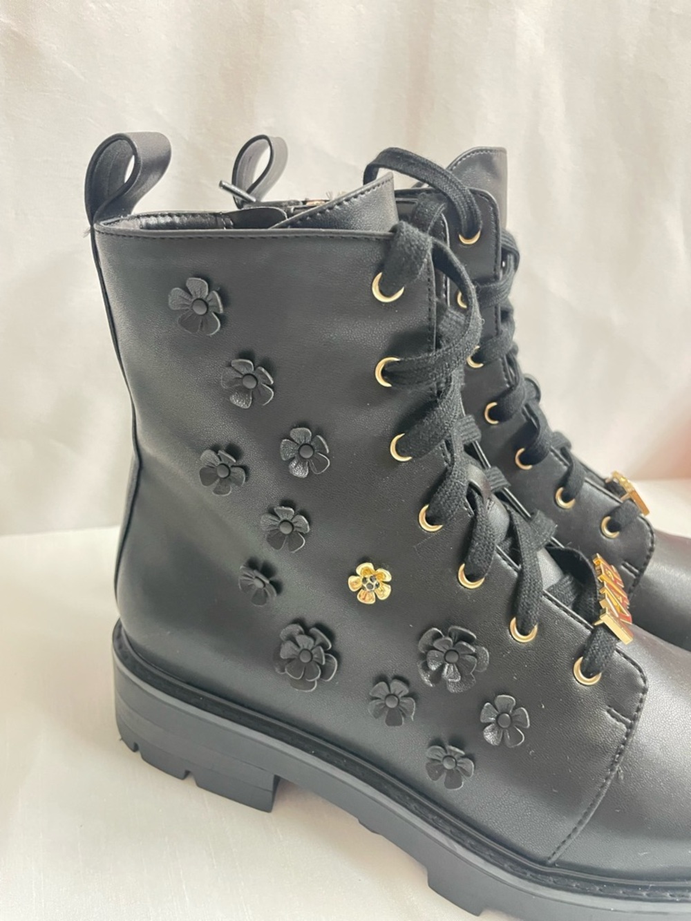 Karl Lagerfeld Paris Mela Fleur Black Floral Combat Boots w Gold Accents US 9.5 - Picture 5 of 14